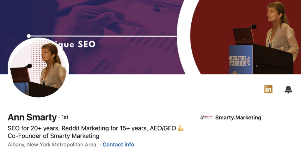Ann Smarty's LinkedIn Profile Screenshot